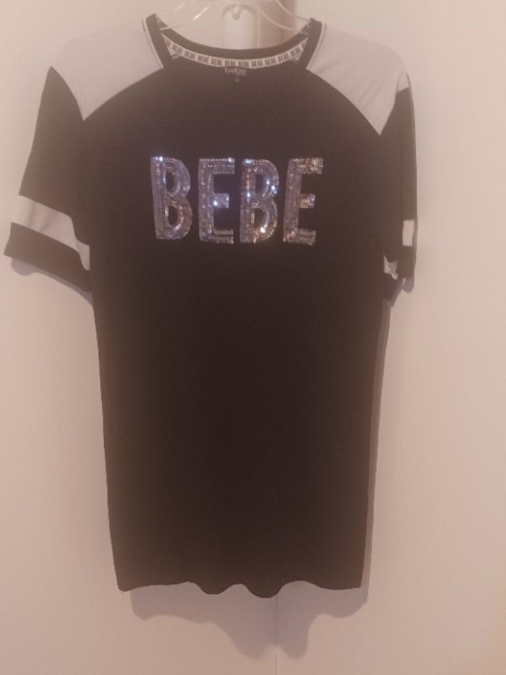 BEBE Bling Sequin Logo Striped Sleeve Tunic Black/White Med